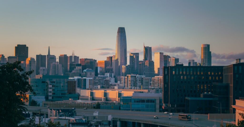Stunning San Francisco skyline at sunset featuring iconic modern architecture and vibrant cityscape.